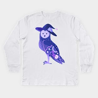 Purple Barn Owl in a Witch Hat Kids Long Sleeve T-Shirt